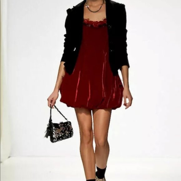 BETSEY JOHNSON VINTAGE Red Rose Velvet Bubble Dress Vintage Valentine's Day - Picture 2 of 4